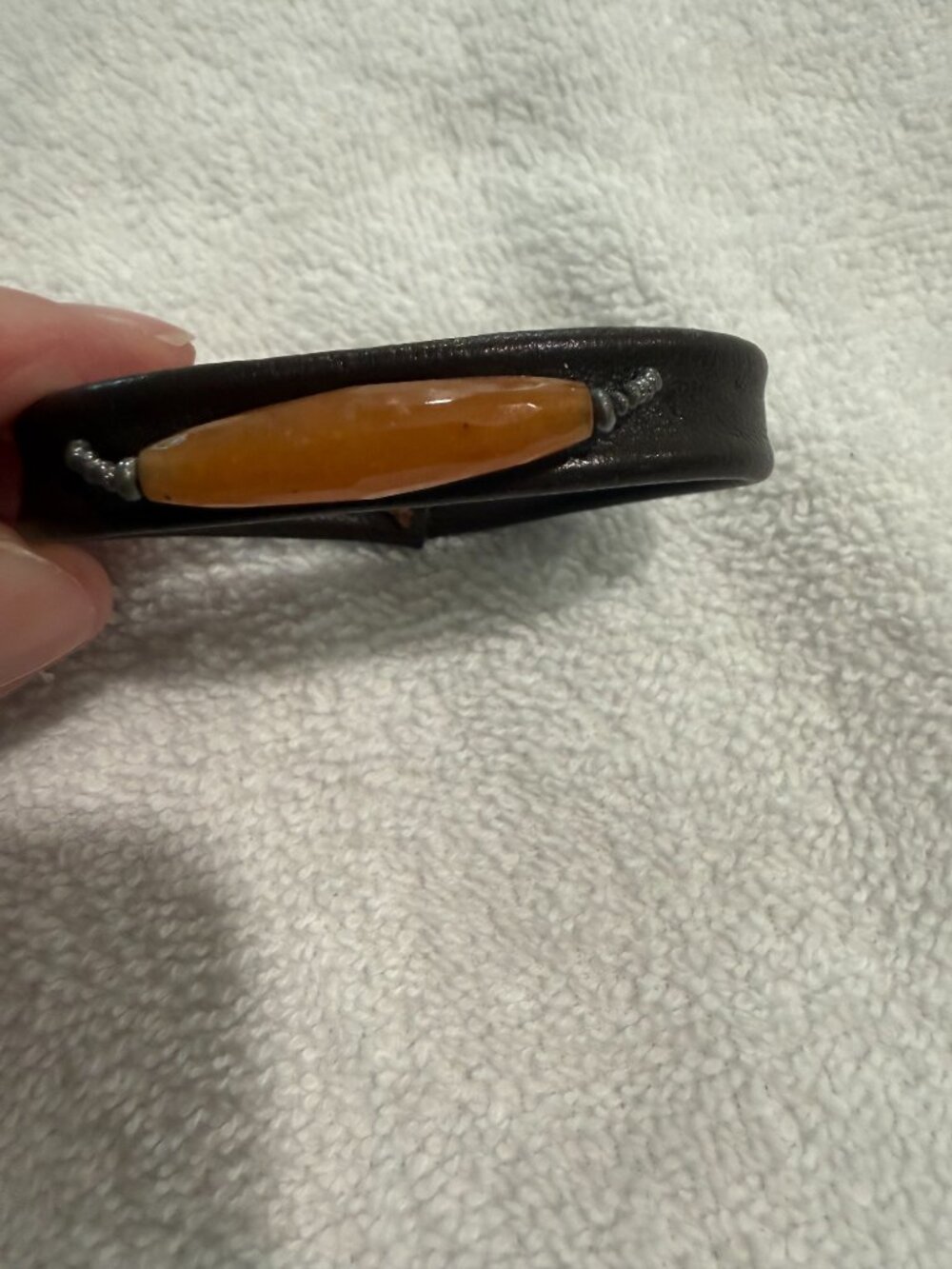Vintage Boho Leather Bracelet Amber Tone Oval Stone Beaded Accent - Picture 4 of 4